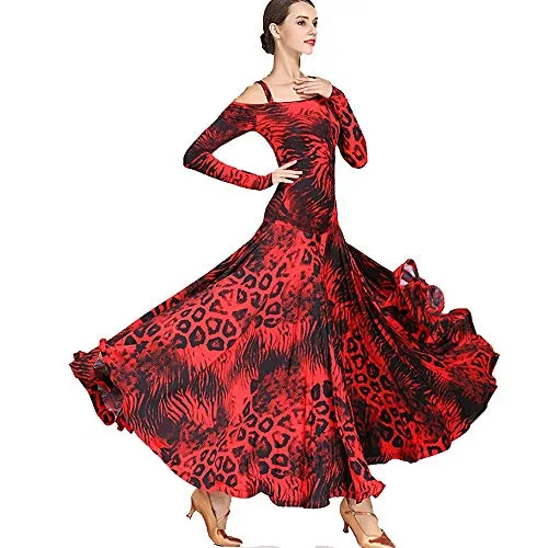 ZZX Stampa Leopardo Manica Lunga Danza Moderna Abito Seta di Ghiaccio Danza Standard Nazionale Valzer Ballo da Sala Gonna Lunga Abito da Ballo (Color : Red, Size : L)