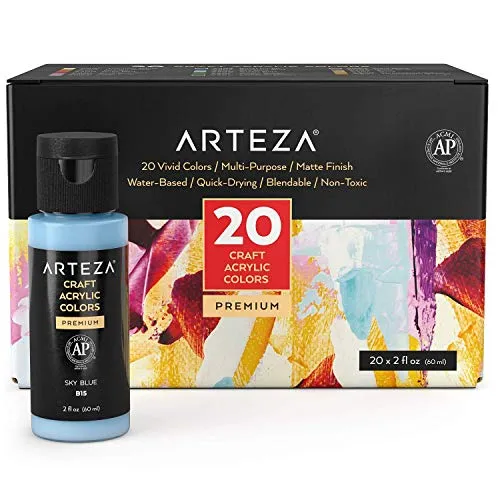 ARTEZA Colori Acrilici, Bottiglie da 60 ml, Set di 20 Colori Opachi, Pittura Acrilica per Dipingere a Base d'Acqua, Miscelabili per Arte e Fai-da-Te su Vetro, Legno, Ceramica, Tessuti, Carta e Tela