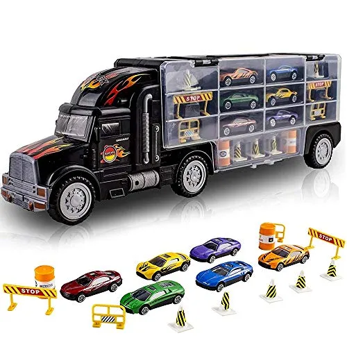 BAKAJI Camion Bisarca Porta Auto Giocattolo Bambini con 6 Macchinine incluse e Accessori Gioco Laterali Apribili per Trasportare fino a 12 Macchine Dimensione 50 x 15 x 9 cm