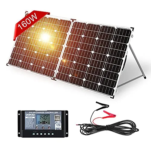 DOKIO 160W 18V Pannello Solare Portatile Pieghevole Monocristallino per batteria da 12V con regolatore di carica solare (2 porte USB) + borsa per il trasporto