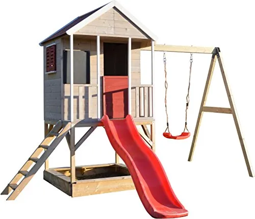 Wendi Toys M9 Casetta per i Bambini & Piattaforma e Scivolo | Casetta da Gioco per Bambini in Legno su Una Piattaforma di 90 cm con altalene, casa in Legno, Giardino, casetta da Gioco con Veranda