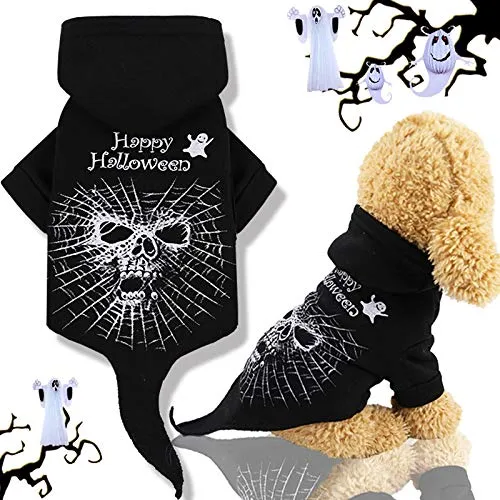 Idepet Cappotto con cappuccio per animali domestici di Halloween, vestito da cucciolo di cranio nero Abbigliamento per cani Abbigliamento invernale Abbigliamento Travestimento Festa