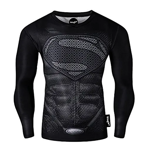 Fringoo® - Maglia intima tecnica a compressione da uomo, a maniche lunghe, per palestra, corsa, allenamento, motivo supereroe, Spiderman, Superman, Batman Superman Grigio M