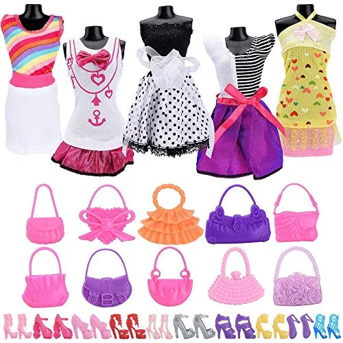 Asiv 25 pz Fashion Abbigliamento e Essenziale per Bambole Barbie Regali (5 Mini Carina Abiti, 10 Paia di Scarpe, 10 Plastica Borsetta), per Ragazza Compleanno Regalo