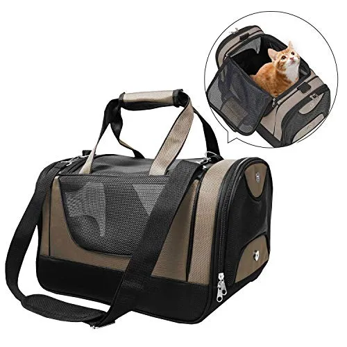 PETTOM Trasportino Cane Gatto Resistente Borsa Tracolla Pieghevole Respirabile con Fondo Rigido in Pile Pet Carrier per Animale Taglia Piccola in Viaggio Aereo Auto Treno Beige