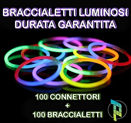 Palucart , Braccialetti Luminosi Fluorescenti 100 Braccialetti + 100 connettori Bracciale Fluo per Feste