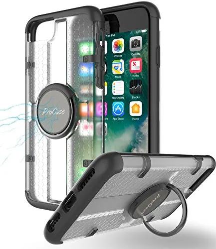 ProCase Cover per iPhone SE 2020/8/7 4,7 Pollici, Multifunzionale di Copertura con Anello Girevole Supporto per Auto Supporto Magnetico, KickStand Custodia per Apple iPhone SE 2020/8/7 –Nero