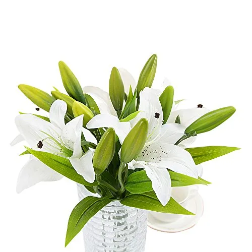 Happyshop18 - Bouquet con fiori artificiali, in seta, motivo giglio tigre, consistenza e aspetto realistici, per vasi, matrimonio, cimitero, 5 pz, PVE., bianco, 35cm
