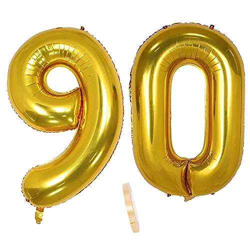 2 Numero di Palloncini 90, Numeri 90 Anni Compleanno Decorazioni Oro Maschio Bambino Uomo Donna Ragazzo,XXXL 100cm Gigante Foil Elio Palloncino Gonfiabile Balloons Happy Birthday Matrimonio Festa