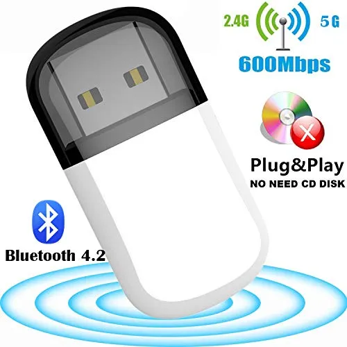 Dongle WiFi, adattatore USB WiFi, 600 Mbps, Bluetooth 4.2, Mini Dual Band 2.4G/5G, scheda di rete wireless per PC portatili Windows 10/8/8.1/7/Vista/XP/2000, Mac OS X 10.6-10.13, nessun CD necessario