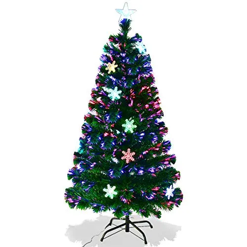 Goplus Albero di Natale Verde PVC con Stella di Natale e Luci Colorati a Fibre Ottiche Cambiamento Automatico, Supporto in Metallo, Altezza 120-210cm (150cm)