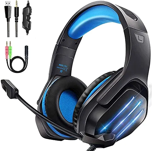 TM8 Cuffie Gaming per PS4 Xbox One, Cuffie Gaming con Microfono Confortevole, Cuffie da Gioco e Stereo Bass con 3.5mm Jack LED e Controllo Volume per PC, PS4, PS5, Laptop, Mac, Smart Phone Blu