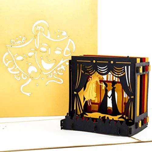 Biglietto d'auguri tridimensionale, elegante e dorato, con pop up a forma di palcoscenico teatrale 