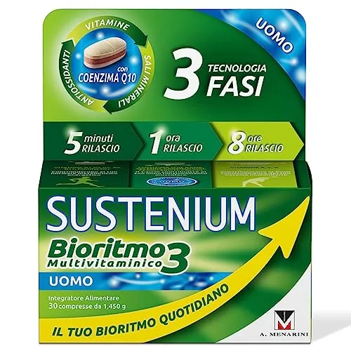 Sustenium Bioritmo3 Uomo- Integratore Multivitaminico con Antiossidanti e Sali Minerali. Un sostegno con più di 70 benefici per il tuo benessere fisico e mentale. Confenzione da 30 cpc