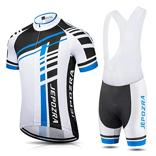 JEPOZRA Completo Ciclismo Uomo Estivo Abbigliamento Mountain Bike Tuta MTB Trek Maglia Ciclismo Manica Corta e Pantaloncini Bici Imbottiti Salopette Ciclismo Gel(Blu, XXL)