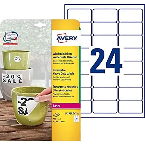 Avery Italia L4773REV-20 Etichette adesive resistenti bianche, 63,5 x 33,9 mm, 24 etichette per foglio, adesivo rimovibile, stampanti Laser, confezione 20 fogli