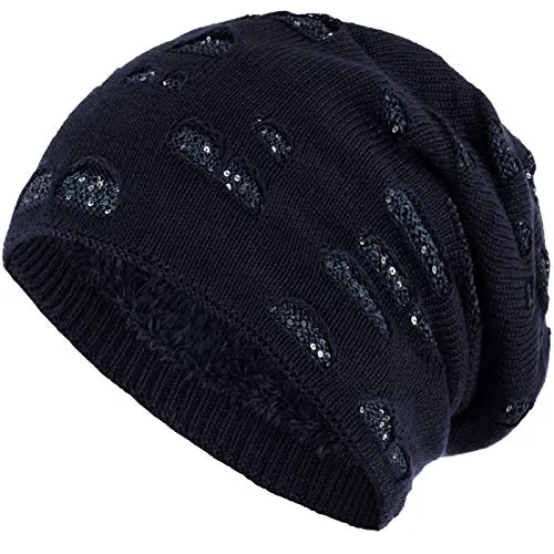 Compagno berretto foderato invernale caldo beanie modello foro con paillettes, Colore:Blu marino