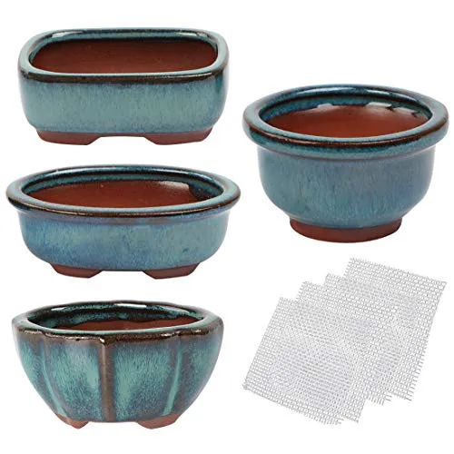 Kilofly Happy Bonsai - Set di 4 mini vasi smaltati con 4 griglie di drenaggio in rete morbida