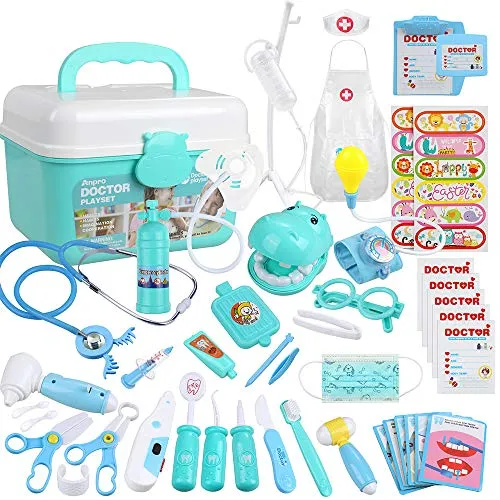 Anpro Kit Dottore Giocattolo per Bambini - 46 Pezzi Valigetta Dottore Bambini, Giocattoli Kit Infermiere Bambini, Giocare al Dottore Fai Finta di Giocare Dentista per Regali di Festa Blu