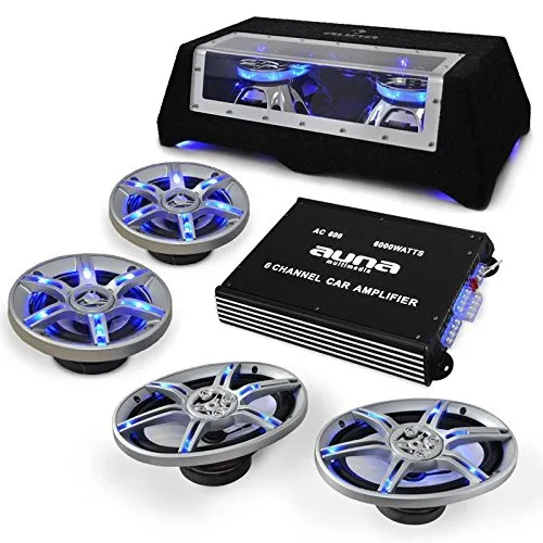 AUNA Set Hi Fi auto"BeatPilot FX-412" impianto audio completo amplificatore (6000W, subwooer, LED ad effetto, telaio in alluminio, set cavi)