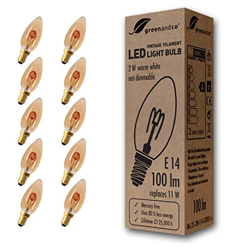 10 lampadine a filamento LED greenandco® Vintage E14 2W (equivalente a 11W) 100lm 2000K (bianco caldo) 360° 230V AC Vetro, non dimmerabile