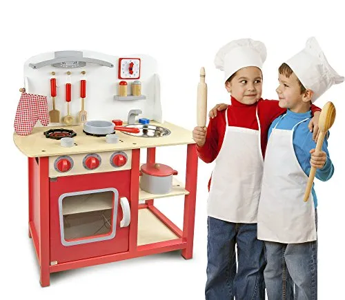 Leomark cucina Classic Rosso, giocattolo in legno, cucina accessoriata per bambini, educazione tavola divertimento, accessori da cucina, dimensioni: 60cm x 30cm x 75cm (LxPxA)