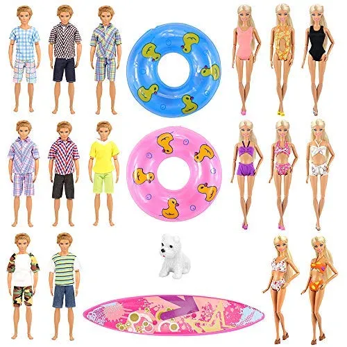 Miunana 12 Pezzi = 3 Abiti per Bambola Ragazzo + 5 Costumi da Bagno per Bambola Ragazza (Selezionati A Caso) + 2 Salvagenti + Surfboard + Cane