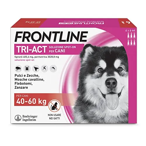 FRONTLINE Triact, 6 Pipette, Cane XL (40-60Kg), Antiparassitario per Cani e Cuccioli di Lunga Durata, Protegge il Cane da Pulci, Zecche, Zanzare, Pappataci e  Leishmaniosi, Antipulci 6 Pipette