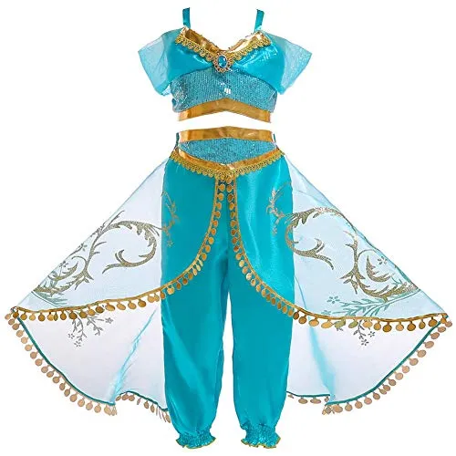 FYMNSI Vestito Jasmine Costume Bambina Carnevale Cosplay Ragazze Arabo Aladdin Principessa Vestire Festa di Compleanno Halloween Abiti Danza Top Pantaloni e Mantello Teatro Danza Costume Blu 5-6 Anni