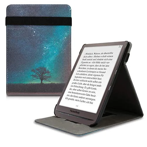 kwmobile Custodia Verticale e-Reader Compatibile con Pocketbook InkPad 3/3 PRO - Cover con Fascia Mano e leggìo - Flip Case e-Book in Pelle PU - Natura e Spazio Blu/Grigio/Nero