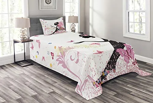 ABAKUHAUS Fantasia Set Copriletto Trapuntato, Fantasy Garden, Decorativo, 2 Pezzi con 1 Federa Cuscino, 170 x 220 cm, Rosa Nero