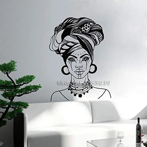 supmsds Art Woman Head Turban Adesivi murali Moda Viso Tatuaggi Divano Sfondo Adesivo murale Decor Adesivo De Parede L S 42 cm x 57 cm