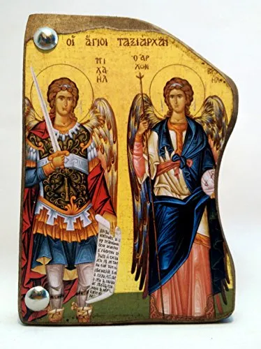 Icona di Arcangelo Michele e Arcangelo Gabriel in Legno, Greca Cristiano ortodossa, Fatto a Mano / MP4_1
