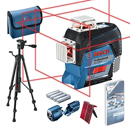 Bosch Professional GLL 3-80 C Livella Laser Rosso, con App, Raggio d’Azione Fino a 30 m, Treppiede BT 150, 4 Pile AA, 0 W, 0.001 V, Nero/Blu, Set di 4 Pezzi