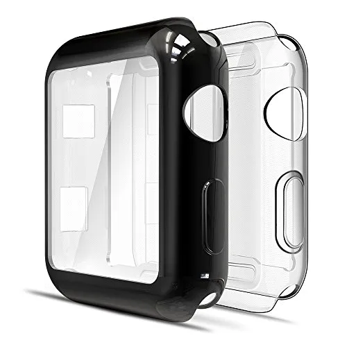 Simpeak Cover Compatibile per Apple Watch 42mm Series 2 3(Confezione da 2), Custodia Compatibile per iWatch Full Protettivo TPU Caso 42mm, Transparent+Nero