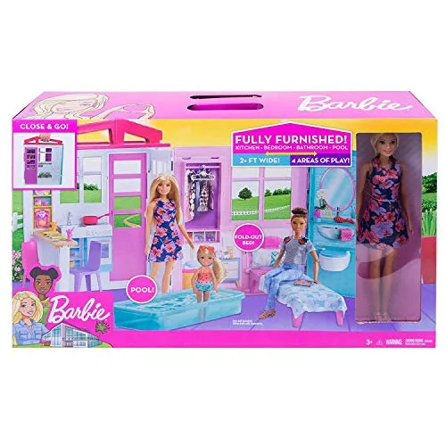 MATTEL. Casa delle Bambole Compatibile con Barbie Loft con Bambola Piscina e Accessori Giocattolo 3+