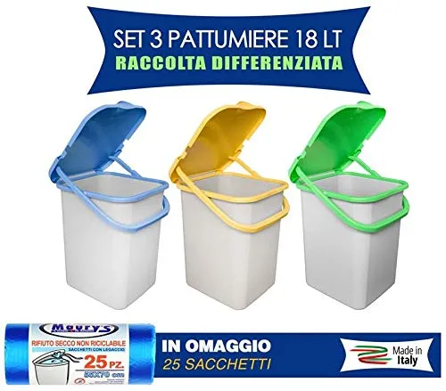 BELLI E FORTI Set 3 Premi Pattumiere 18lt Raccolta Differenziata + 25 Sacchetti Omaggio