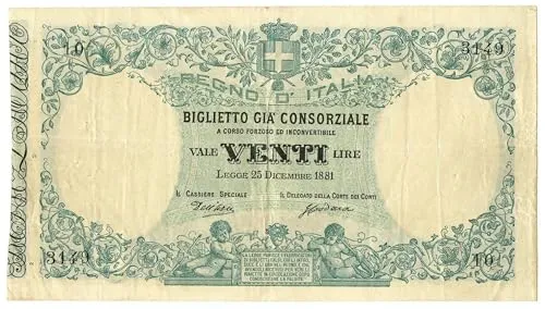 Cartamoneta.com 20 Lire Biglietto già CONSORZIALE Regno d'Italia 25/12/1881 BB+ 8510/IX