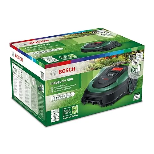 Bosch Home and Garden Robot rasaerba Indego S+ 500 (con batteria da 18 V e funzione app, stazione di ricarica inclusa, larghezza di taglio 19 cm, per prati fino a 500 m²), nero, verde