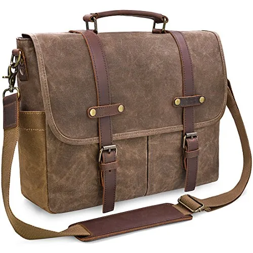 NEWHEY Borsa Lavoro Uomo Tela Messenger Borse Spalla Laptop Tracolla Impermeabile Tote Grande Scuola Vintage Bag Computer 15.6 Marrone