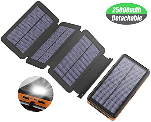 Caricabatterie Solare X-DRAGON 25000mAh Solare Powerbank Batteria Esterna con 4 Pannelli Solari, Uscite e Ingressi USB Dual per Cellulare iphone Samsung Huawei Smartphone Campeggio Esterno