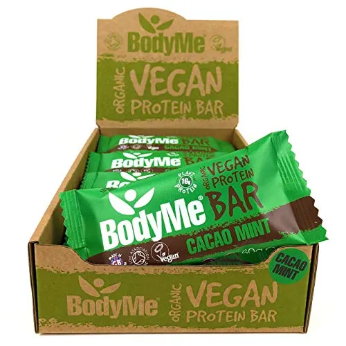 BodyMe Barrette Proteiche Vegan Bio | Crudo Cacao Menta | 12 x 60g Barretta Proteica | Senza Glutine | 16g Proteine Vegane Complete | 3 Proteine Vegetali Tutti Amminoacidi Essenziali | Snack Proteici