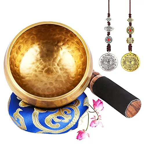 UNIDEAL Set con campana tibetana, con Battente a Doppia Superficie e Cuscino di Seta, Fatto a Mano, Viene fornito con 2 Ciondoli di Buon Auspicio, per Meditazione, Yoga, Musicoterapia