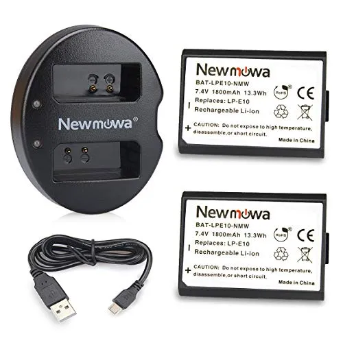 Newmowa LP-E10 batterie (confezione da 2) e Caricatore USB doppio per Canon LP-E10 e Canon EOS Rebel T3, T5, T6, T7, Kiss X50, Kiss X70, EOS 1100D, EOS 1200D, EOS 1300D, EOS 2000D, EOS 4000D