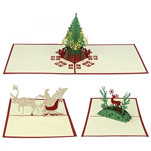 Urhome biglietto di auguri Natale con busta divertente pop-up cartolina pieghevole 3D per la famiglia, amici, aziende e altro ancora - slitta, albero di Natale, cervi