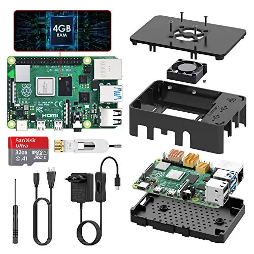 Raspberry Pi 4 Model B 4GB RAM+32GB MicroSD Card, TICTID RPi Barebone Aggiornato con Tipo C Alimentatore 5V 3A, Ventola, Micro HDMI, Custodia e Lettore di Scheda