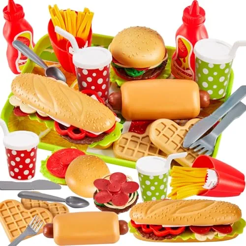 BUYGER Set Cibo Giocattoli, Alimenti Fast Food per Bambini, Hamburger Hot Dog Giocattolo, Giochi di Ruolo Cucina Bambini Bambina 3 Anni