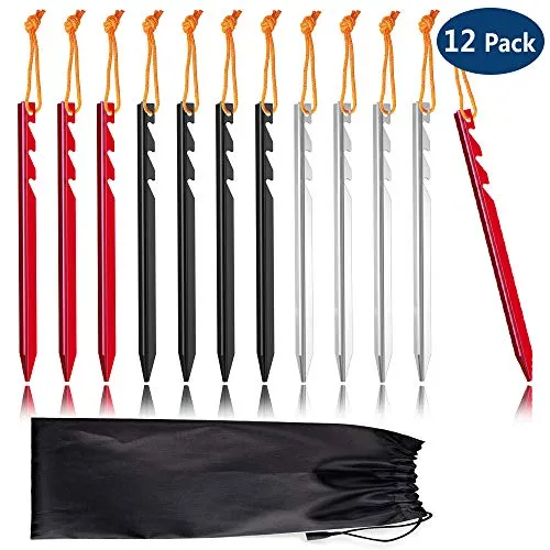 GeeRic 12PCS Pioli per Tende, 18 CM Picchetti per Tenda da Campeggio in Alluminio Ultraleggeri con Borsa Chiodi Corde Riflettenti Chiodi di Tende per Campeggio o Escursionismo Spiaggia