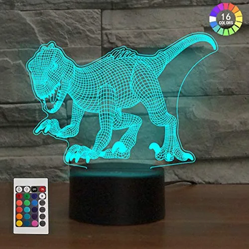 Lampade 3D Illusione Ottica Luce Notturna, KidsPark Dinosauro Lampada LED da Tavolo Bambini Luce di Notte Illuminazione Lampada da Comodino Decorazione Colore Cambio con Telecomando e Cavo USB