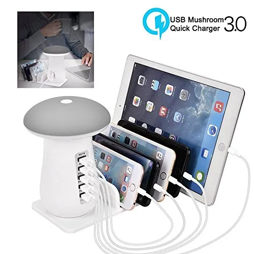Tempo USB Charging Station, Multi 5-Ports Charging Dock Desktop Charging Stand with QC3.0 Fast Quick Charge, Mushroom LED Night Light for Kindle iPhone Apple Cell phone and Android Devices(White Lamp)